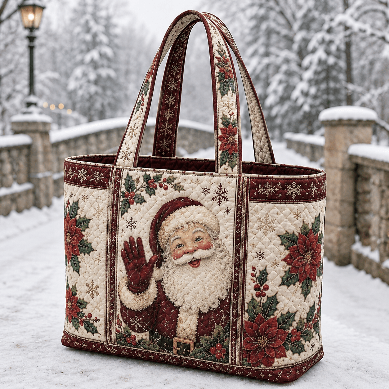 Image of Large Quilted Tote Bag For Travel, Beach And Shopping - Burgundy Cream Christmas Print With Waving Santa Claus, Poinsettia, Holly, And Snowflake Patterns, Top For Halloween And Christmas Gifts