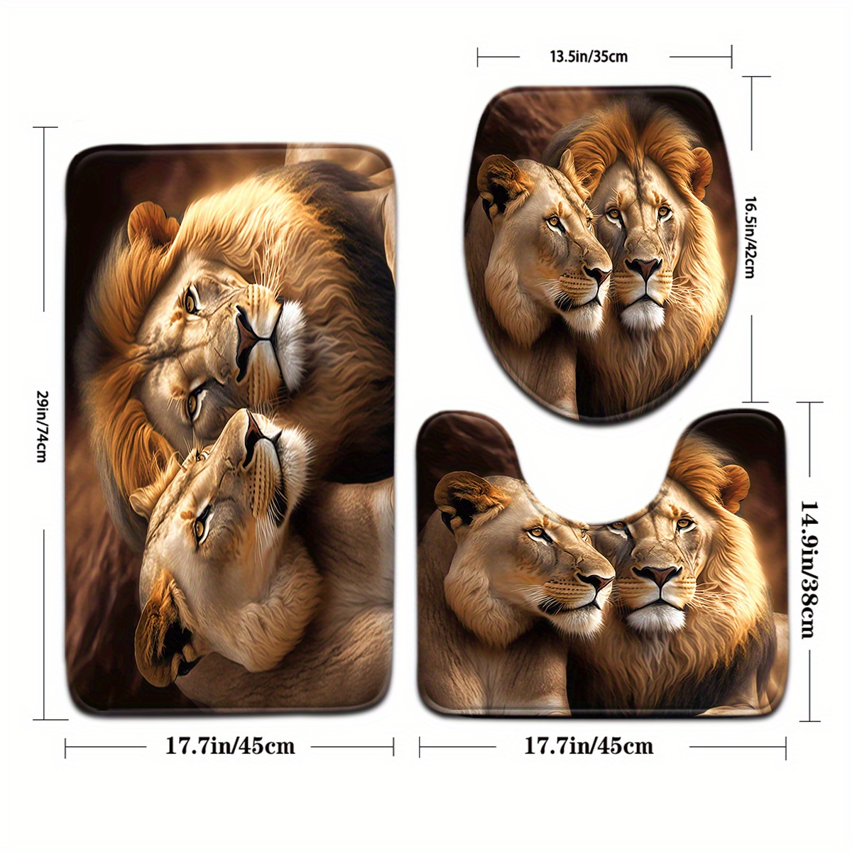 3pcs Lion Couple Pattern Bathroom Mat Set Toilet Seat Ring U-shaped Foot Pad