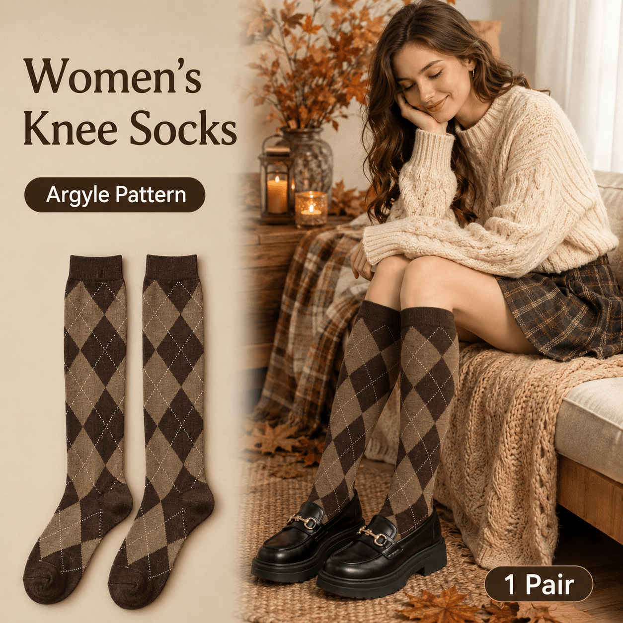 TEMU 1 Pair Women Knee Socks Classic Argyle Pattern Brown Tone Footwear Sock Styles Foot Additions For Ladies Daily Casual Wear And Multiple Daily
