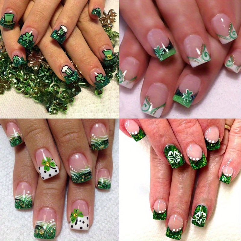 TEMU 96pcs (4pcs) Nail Stickers, Green Glitter, , Mixed Colors, Square, Short And Long, Glossy, Plant Pattern