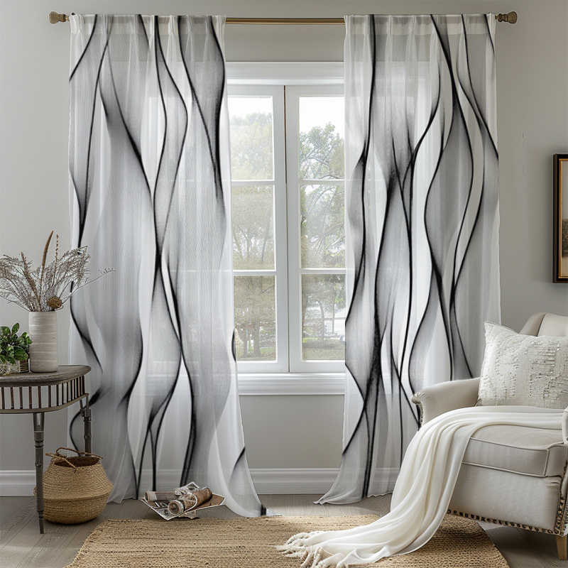 TEMU Plat 2D, 2 pièces de Rideaux, Impression Numérique 2D, Rideaux Voilages en Mousseline de Chiffon - Impression Numérique Semi-transparente et