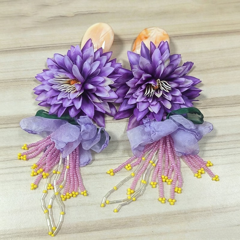 TEMU Purple Marble Bead Tassel Dangle Earrings - Bohemian Women's Long Earrings, Lightweight Fabric Flower Additions For Beach And Party Occasions
