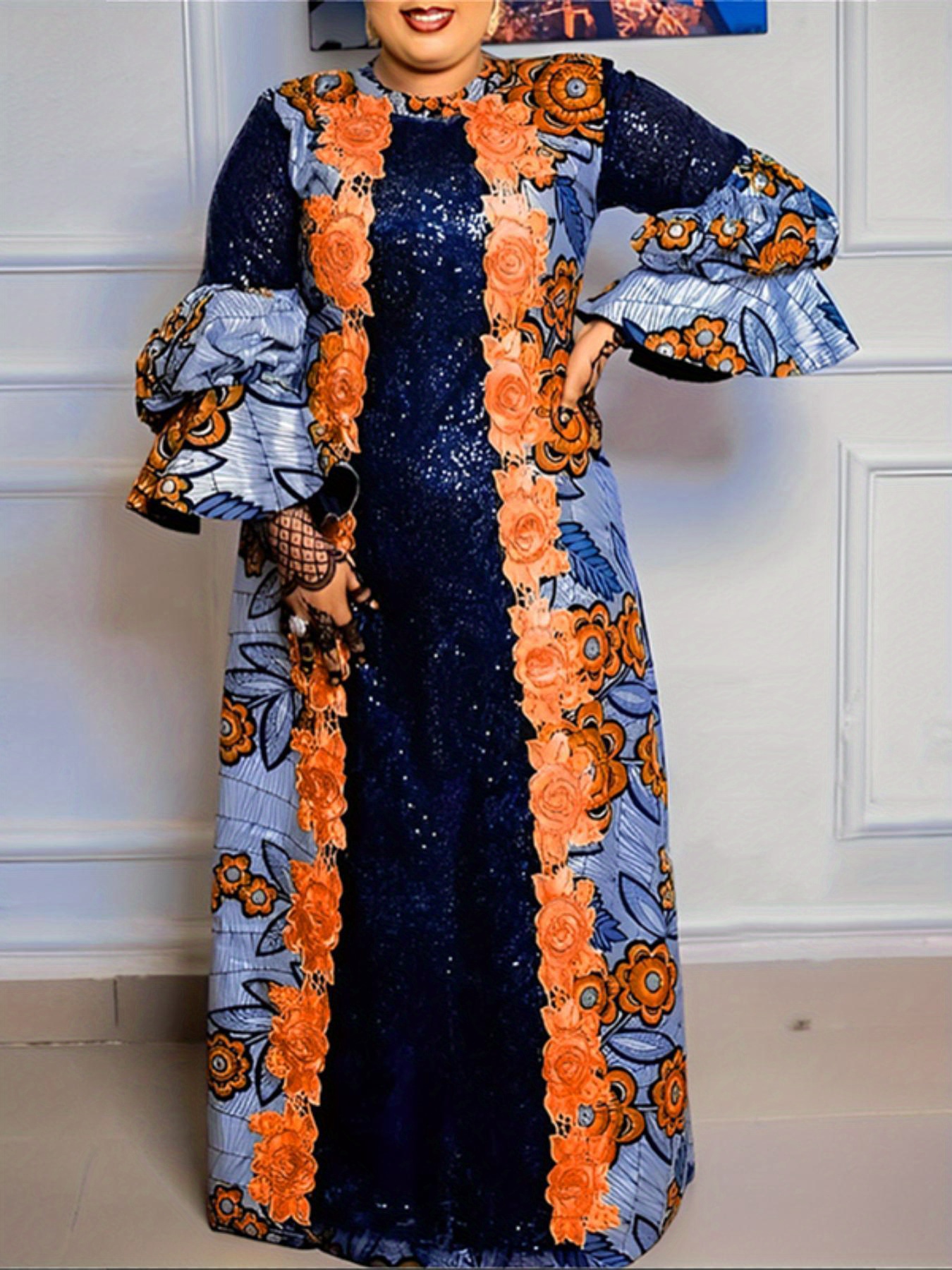 women print maxi dress kaftan flare long sleeve crew - Temu Austria