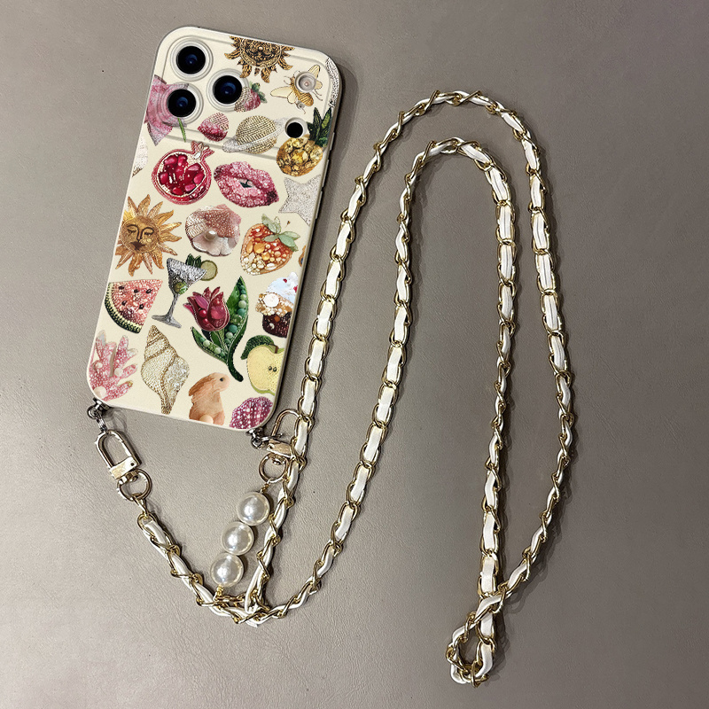 TEMU Phone Case: A Designed White Phone Case With Lanyard, Printed With A Pomegranate & Watermelon Pattern, For Iphone Air 17 16 15 14 13 12 11 Pro