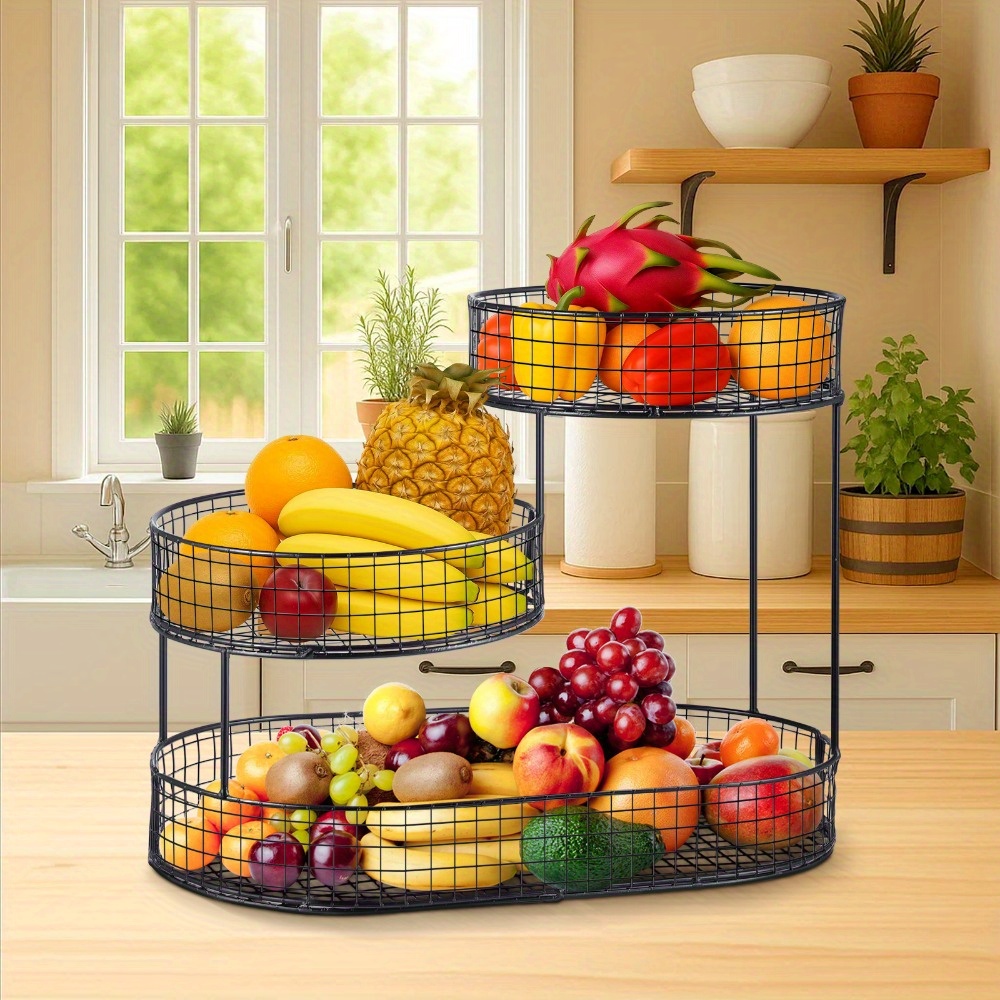 TEMU 3-tier Metal Fruit Basket Organizer - Large Capacity Countertop & Dining Table Storage Rack, Space-saving Contemporary Kitchen Organizer For