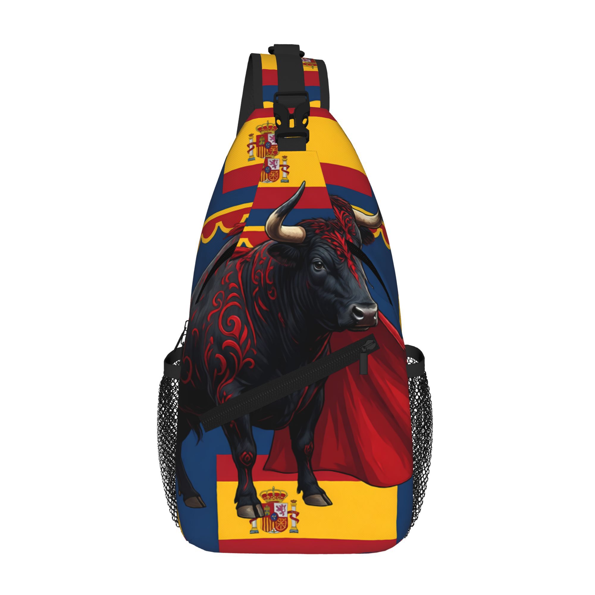 Image of Spanish Bull Flag Pattern Sling Bag, Lightweight Crossbody Chest Bag, Adjustable Strap Casual Daypack For Men Women Travel Hiking, Bag For Outdoor Sports & Daily Use