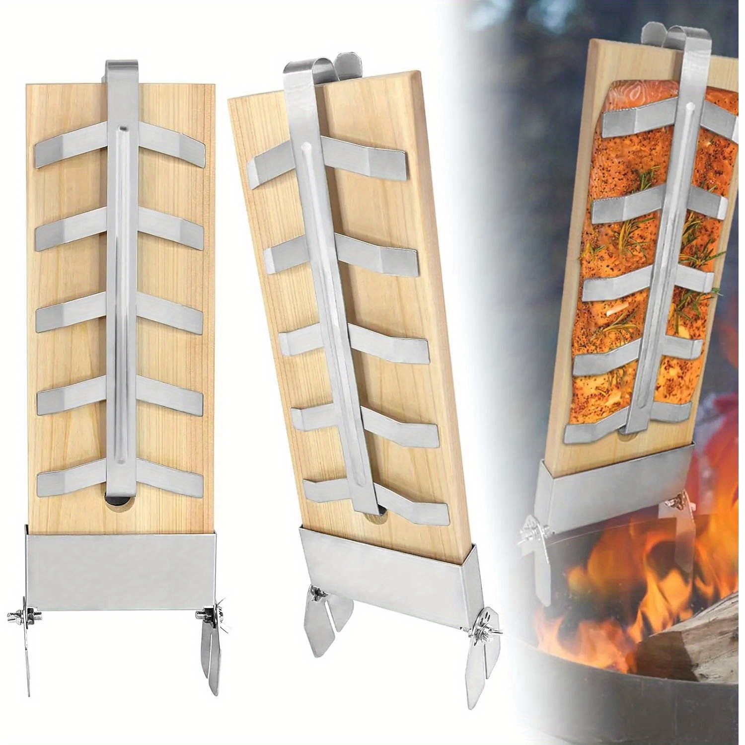 E-shop Edelstahl Flammen-Lachsbrett-Halter, 5 Stufen verstellbar, für Feuerschalen, Grillen, Outdoor-Grill, Zedernholzbrett, Tragfähigkeit bis zu 2 kg