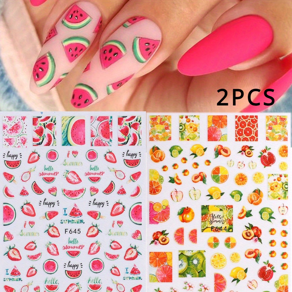 Set Of 2 Fruit-themed Nail Stickers Featuring Red Watermelon, Orange, And Ice Cream Designs For Easy Summer Nail Art Decoration, Perfect For Vacation