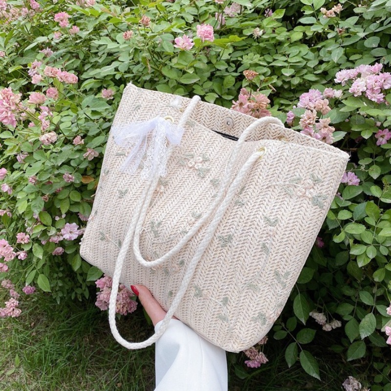TEMU Easy Woven Straw Stylish Single-shoulder Tote Bag With A Bow, Fresh Woven Handbag