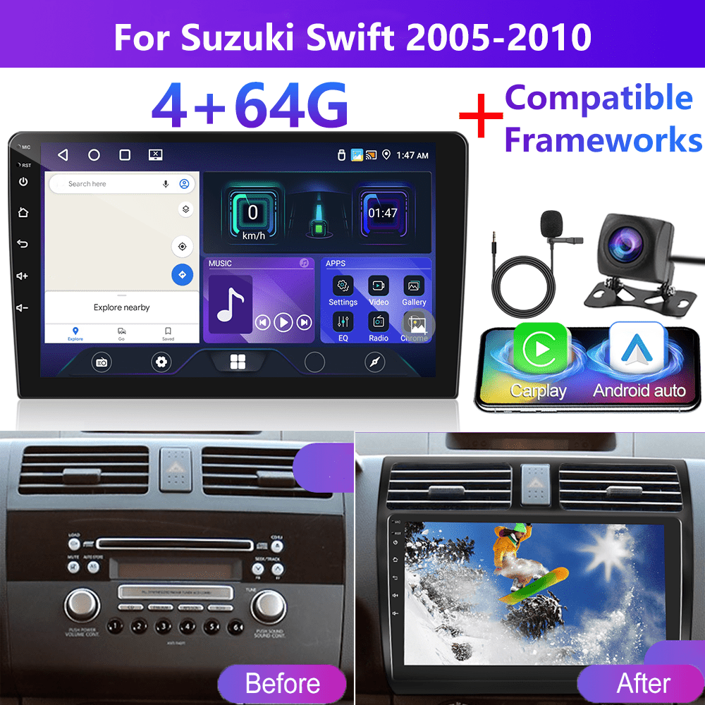 Image of Podofo 10.1" 10 Car Stereo For Swift 2005-2010 - Double Din Radio With & Auto, 4gb 64gb Rom, Ahd Backup Cam, 32-eq, Gps Wifi, Steering Wheel Control