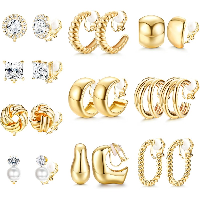 Image of 10 Pairs Clip On Earrings For Women | Non Pierced Ears, Cz Pearl Knot Twist, Chunky Hoop And Studs, Ear Clips Jewelry, 14k Golden Plated, By Milacolato