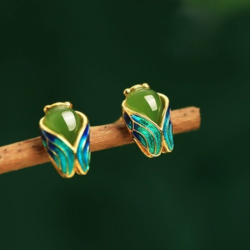 TEMU 1 Pair Retro Chinese Style Cicada Earrings With And Golden Cicada Design, Featuring Chinese Style Fashion And Exquisite High-end Green Earrings