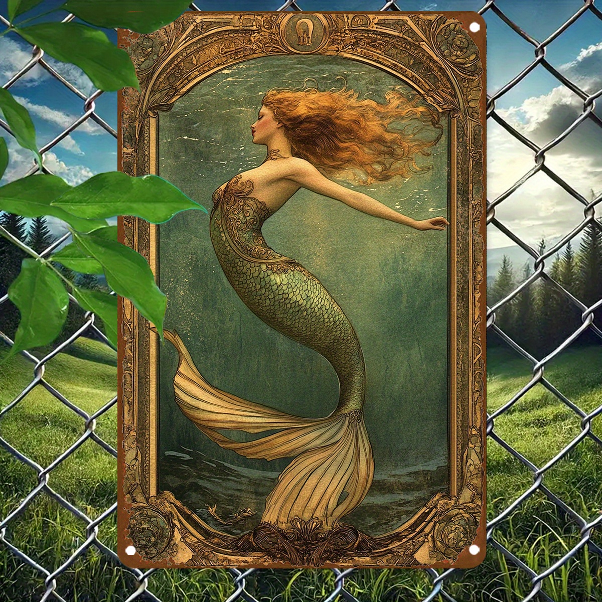 TEMU 2d Flat, 2d Flat Elegant Ocean Themed Mermaid Aluminum Wall Art Featuring A Vibrant Underwater Scene With A Red Haired Mermaid In A An For