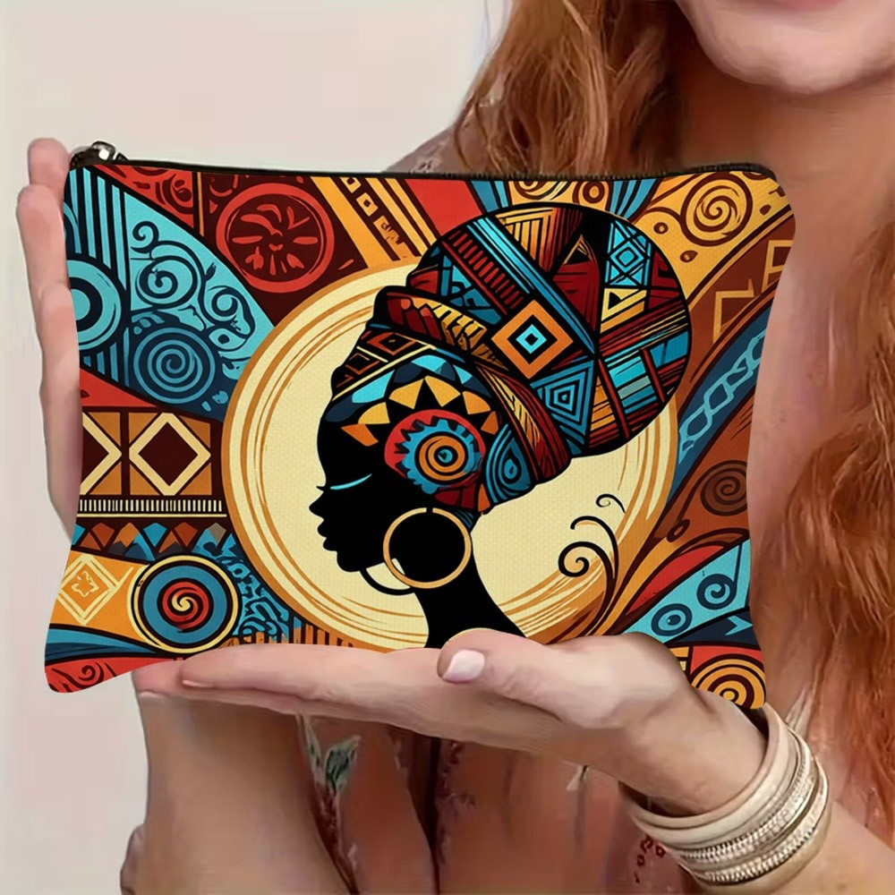 TEMU 1pc Sac Cosmétique Plat 2D Art Africain Imprimé Géométrique, Sac de Toilette et Porte-Monnaie en Polyester Durable, Pochette de Rangement pour