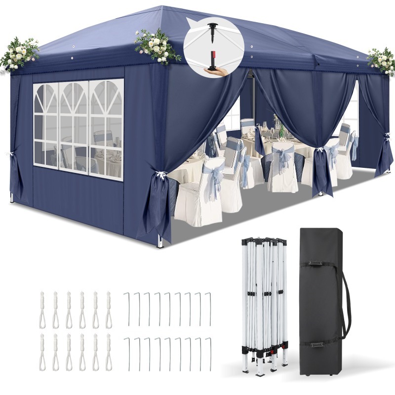 10x20ft Blue/white/gray One-button -sided-2door-4window 28/22mm Leg Tubes 10x20mm Cross Bars Folding Tent With Carry Bag No Sandbags