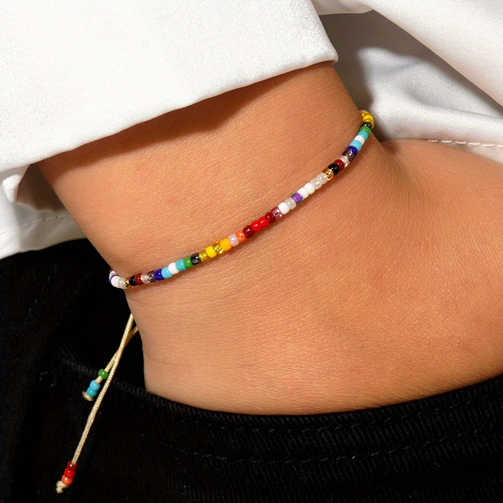 Boho Rainbow Glass Bead Bracelet Lightweight Yellow Cord Decorative Knots