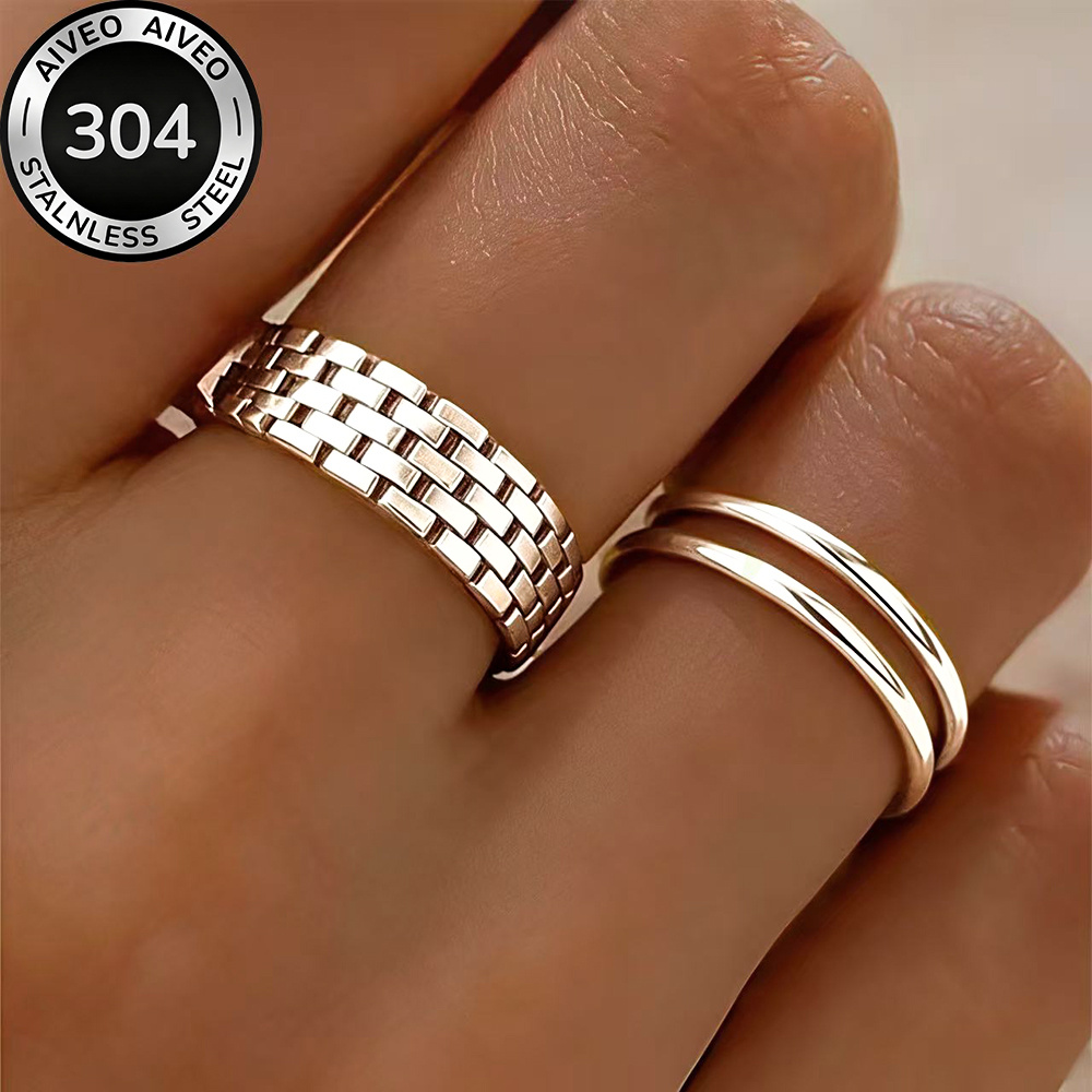 TEMU 2pcs Ring Set High-quality Stainless Steel Low-allergy Golden , Kc Golden Plated, Fade-resistant, Easy And Elegant, Suitable For Daily Wear Or