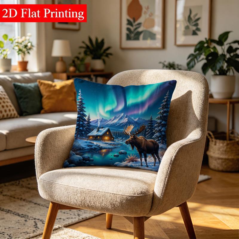 TEMU 1pc 2d Flat Printing Double-sided Throw Pillow Cover, No Pillow Core, Non-real Embroidery, Winter Landscape Moose Cabin Pattern, 17.71 X 17.71
