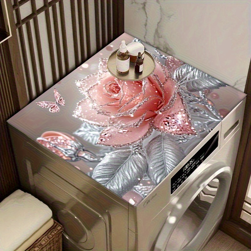 TEMU 1 Pink Rose Pattern Washing Machine Mat - Absorbent, Reusable, Rubber Material, Suitable For Laundry And Kitchen Appliances (microwave And Stove