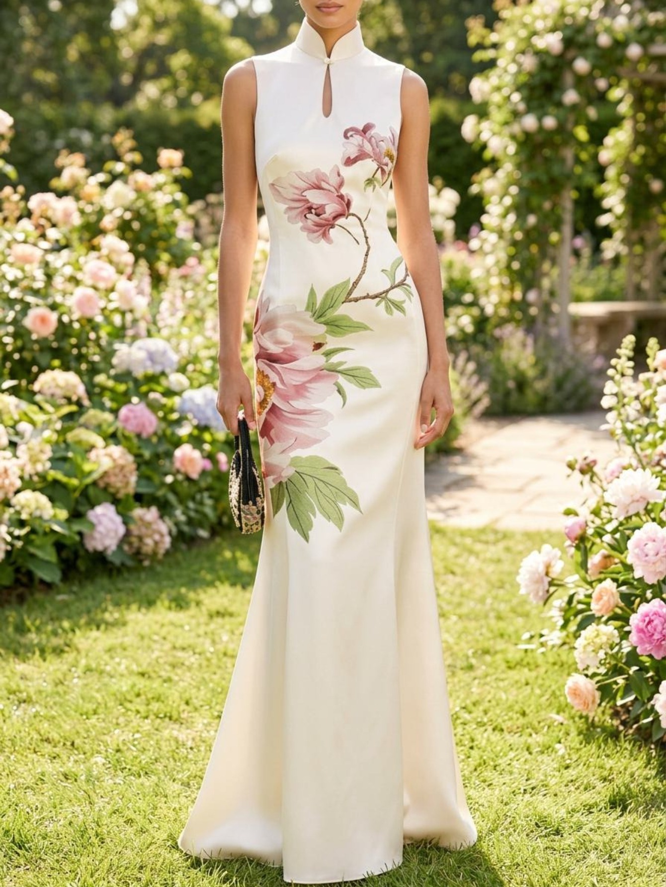 Robe sirène pivoine chinoise à col montant - Robe peinte à la main pour mariages formels, banquets et événements culturels, robe élégante et ajustée à queue de sirène pour printemps/été, tenue traditionnelle lavable à la main