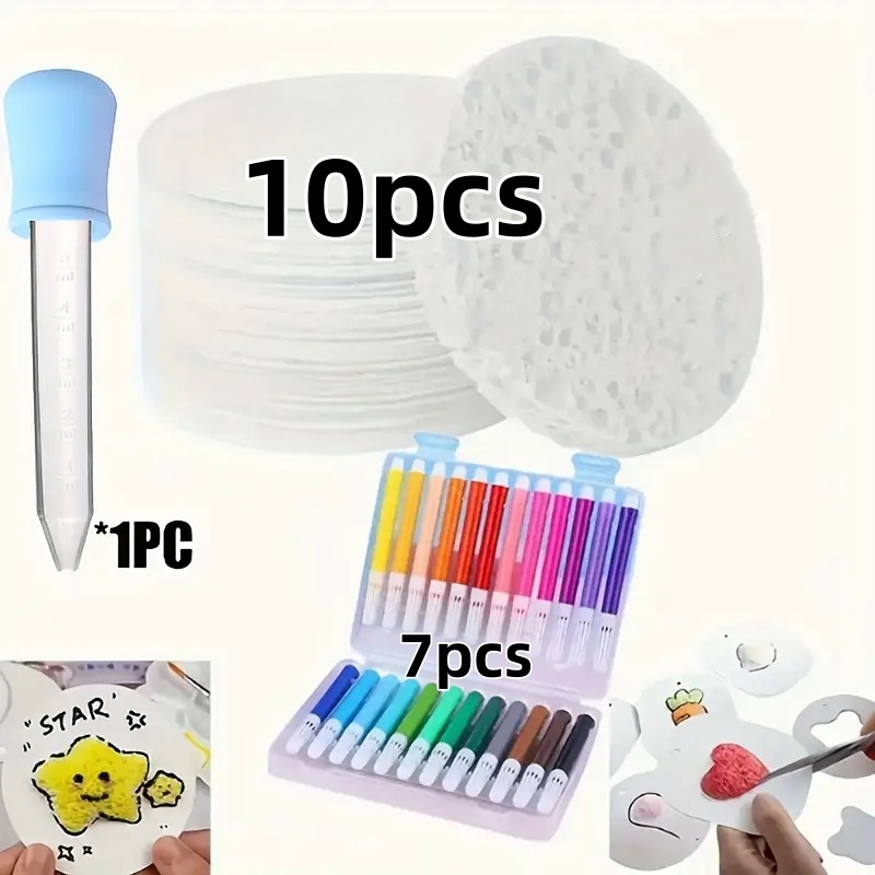 TEMU 1set(18pcs) Round, Diy Texture Drawing Paper With 7pcs Watercolor Pens And 1pc Drip Tube- Fluffy Texture Art Paper, Professional Painting Paper,