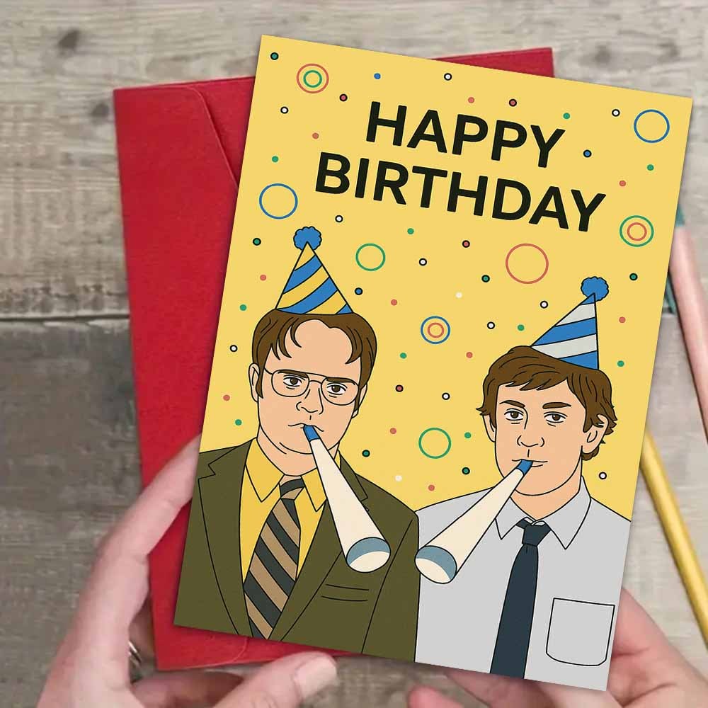 TEMU 1pc Greeting Card With Envelope, Happy Birthday Office Party Theme Card, Fun Celebration Design Featuring Party Hats And Confetti Patterns.