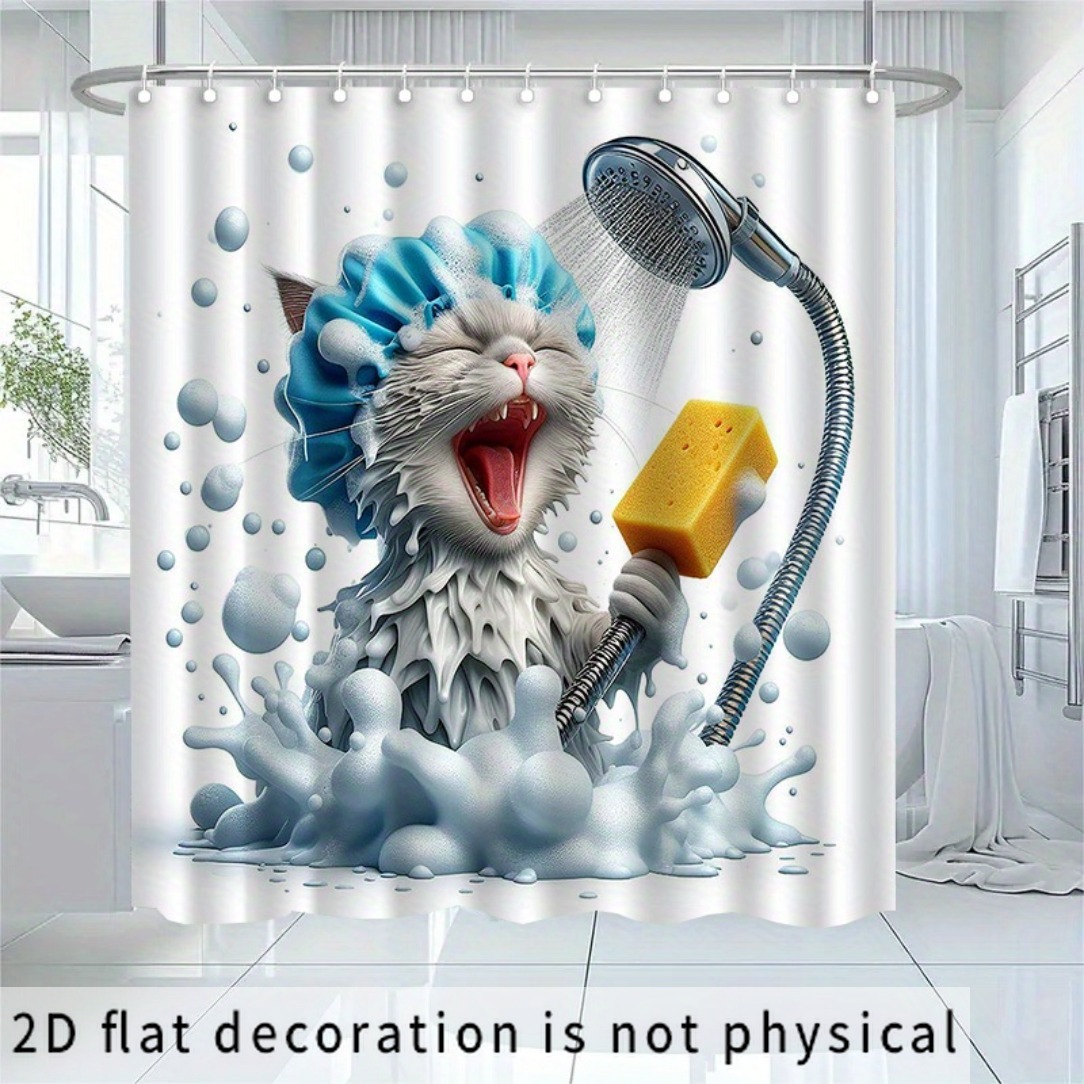 TEMU 2d Flat, 2d Flat, 2d Curtain 1pc Kitten Singing Bathing Pattern Shower Curtain, High-end Elegant Bathroom Curtain, Home Decor Pattern Print,
