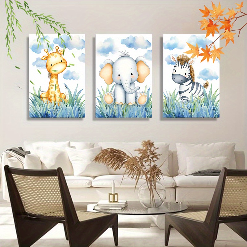 2D Flat Framed 3pcs Cute Animal Nursery Wall Art Giraffe, Elephant, and  Zebra Watercolor Canvas Prints, Whimsical Kids Room Decor, Bright and