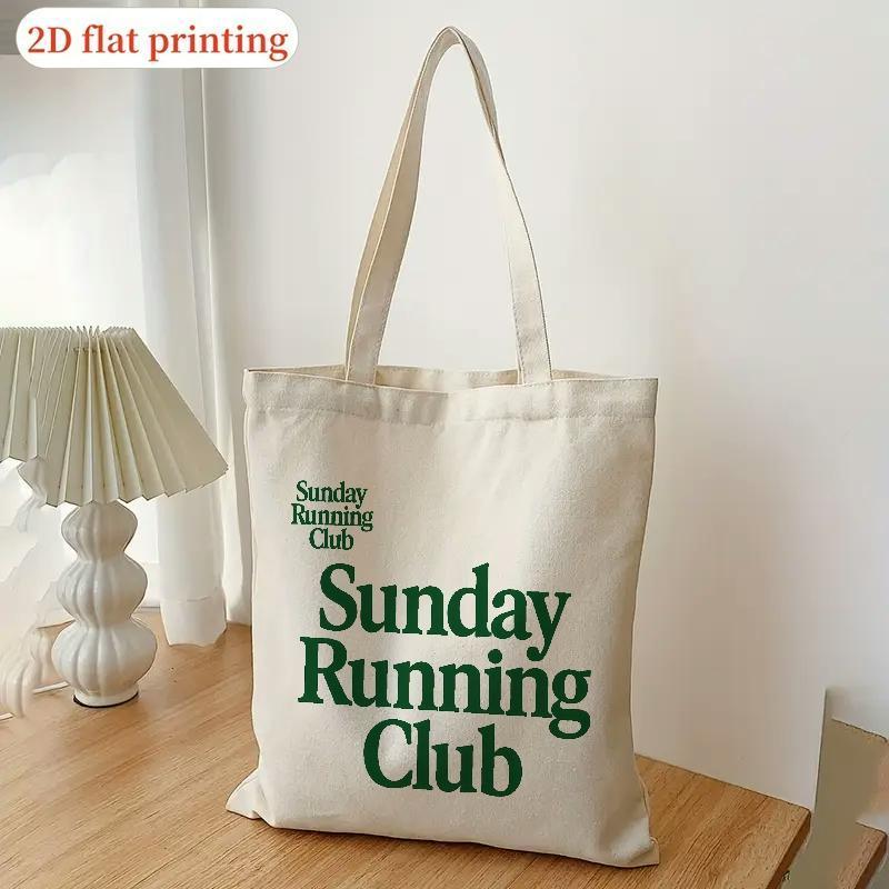 E-shop 1 Stück 2D Flach, 2D Flach, Sunday Running Tragetasche – Damen wiederverwendbare offene Schultertasche mit grünem Text, ideal für Schule, Uni,