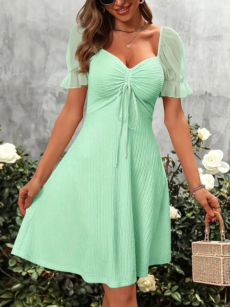 Womens Summer Mini Dresses Short Puff Sleeve Sundressrenaissance clothing women Drawstring Sweetheart Neck Casual Flowy Dress