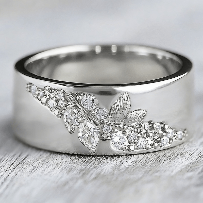 Women's Wide Ring - Kc Synthetic Zirconia Leaf Inlay Jewelry Wedding/anniversary/gift Ring, Daily Wear & Party Wedding Accessory, Luxury Court Style