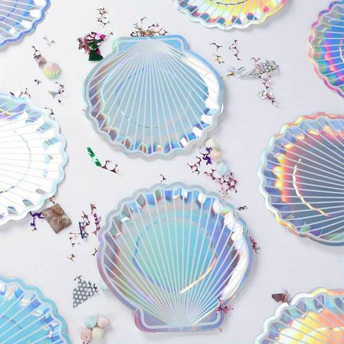 50pcs seashell paper plates mermaid scallop holographic iridescent dessert cake plates for party birthday shower wedding glitter iridescent disposable for plate wedding mothers day birthday party decorations halloween christmas valentine