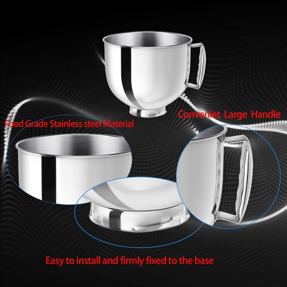 Stainless Steel 5 Quart Mixer Bowl for KitchenAid Artisan & Classic 4.5-5 QT Tilt-Head Mixers with Spill-Resistant Lid and Ergonomic Handle,