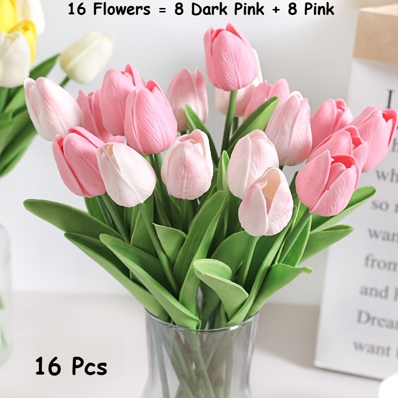 TEMU 16pcs Valentine's Day Real Touch Tulip Artificial Flower Decorations | Realistic Texture Artificial Floral Arrangement | Decor Home Ornaments |