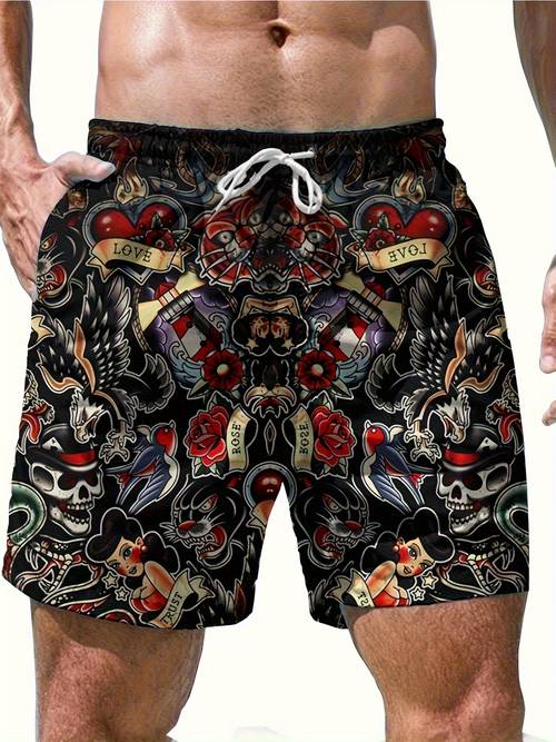 pantalones cortos casuales para hombre de talla - estampado de calavera y flores vibrantes, 100% poliéster, cintura con cordón, lavable a máquina, y , regular, talla .