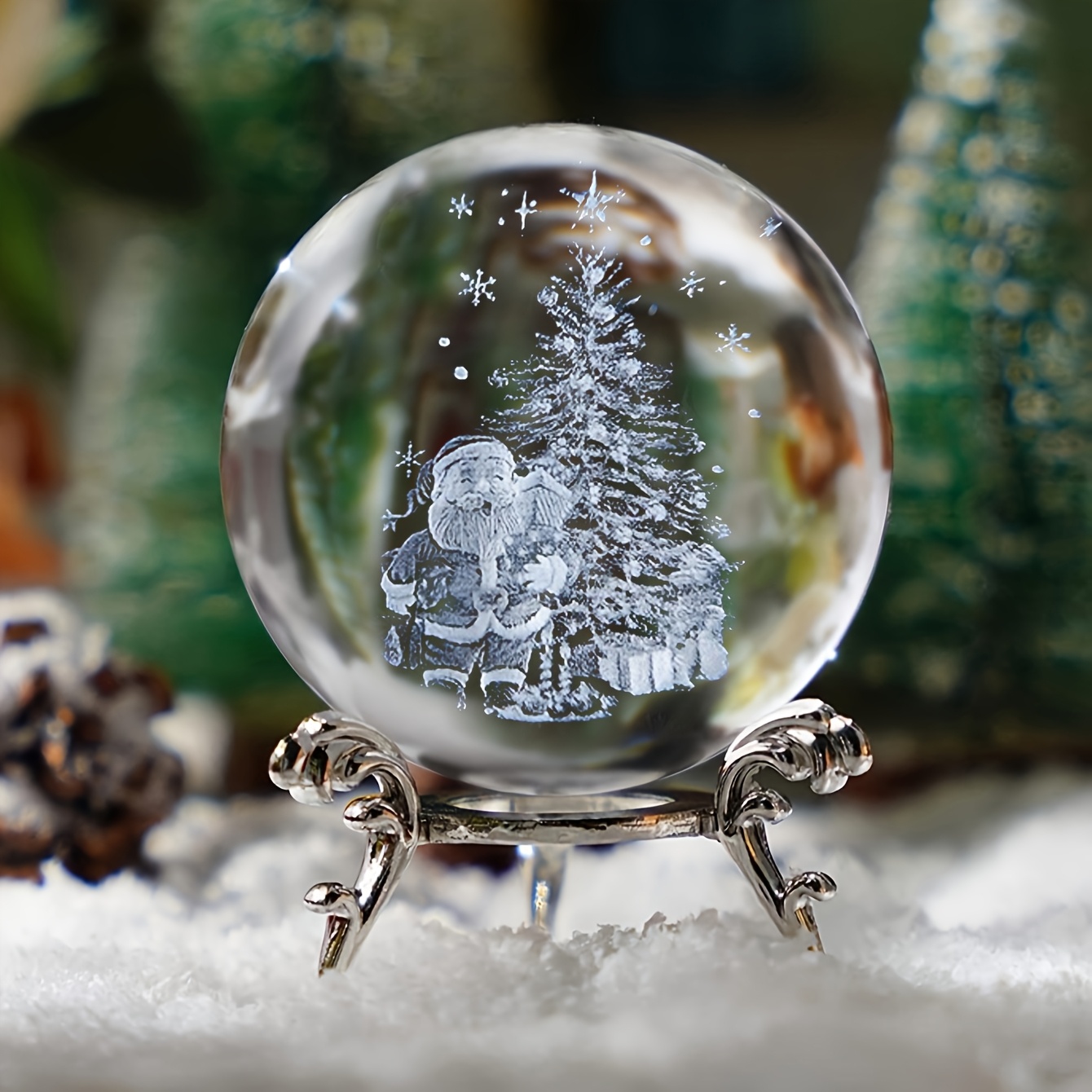 TEMU Gift, 3d Laser Engraved , Glass Ball With Santa And Trees, Silvery Base. Showcasing Handmade Details, High- Material