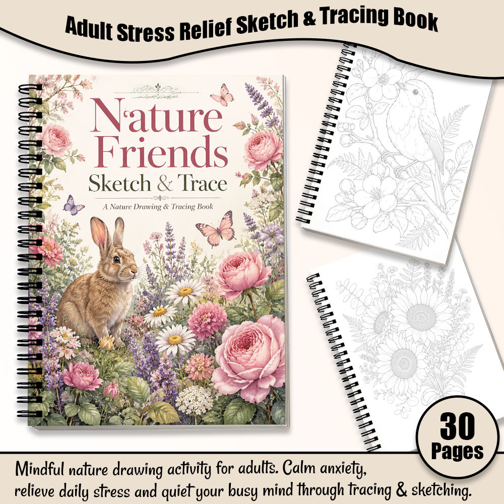 TEMU Sketch And Trace Book For Adults, Beautiful Flowers, Leaves, And Wildlife Illustrations, Creative Tracing Activity For Relaxation, Portable A5