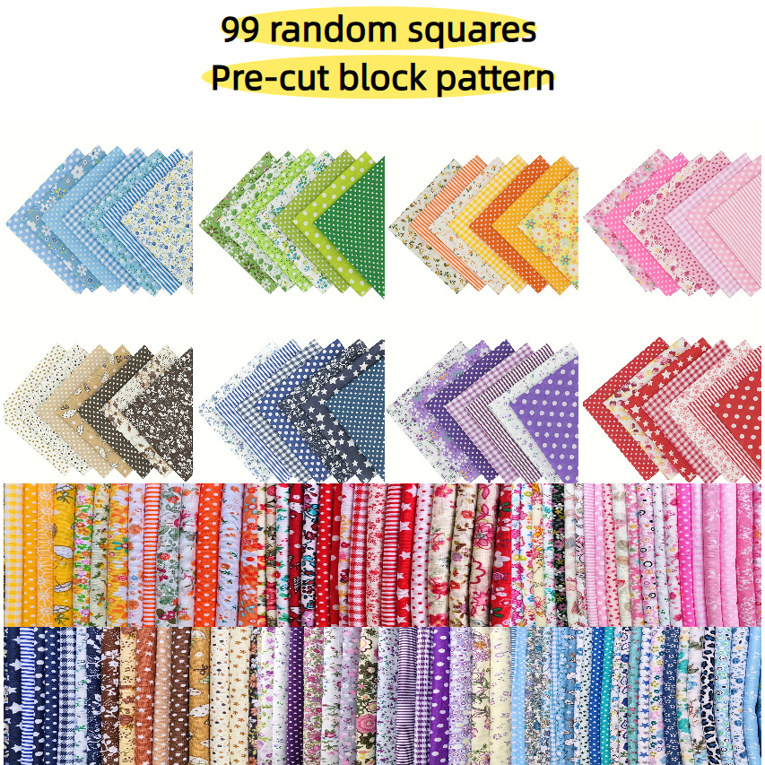 E-shop Ein Set aus 99 handgefertigten Stoffquadern, Größe 10x10 cm, mit über 50 verschiedenen, zufälligen Mustern, bedruckt in verschiedenen Farben und