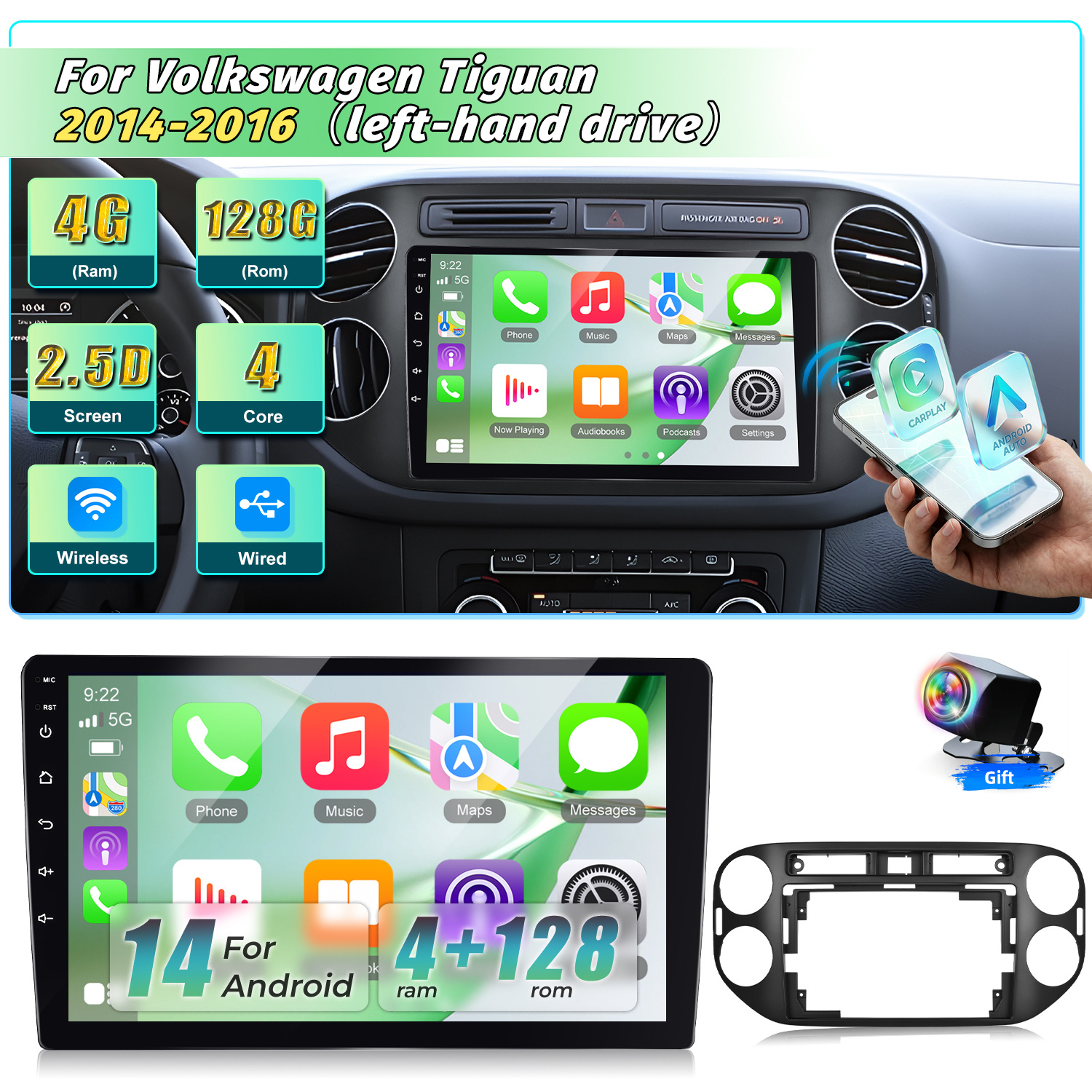 Image of 4g+128gb 9' 14 Car Stereo For Tiguan 2014-2016(left-hand Drive) - Radio With Auto, Navigation, Gps, , Bluetooth, Fm/rds/eq, Wi-fi, Steering Wheel Controls, And Rearview Camera + Car Frame