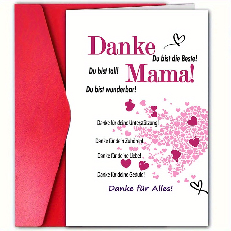 1pc German Mother's Day Card With Envelope (4.72in X 7.09in) - "thank Are The !" - Expressing Gratitude For Love, Wonderful Mom, Grandma, Amazing Wife - Pink And With Heart Illustrations