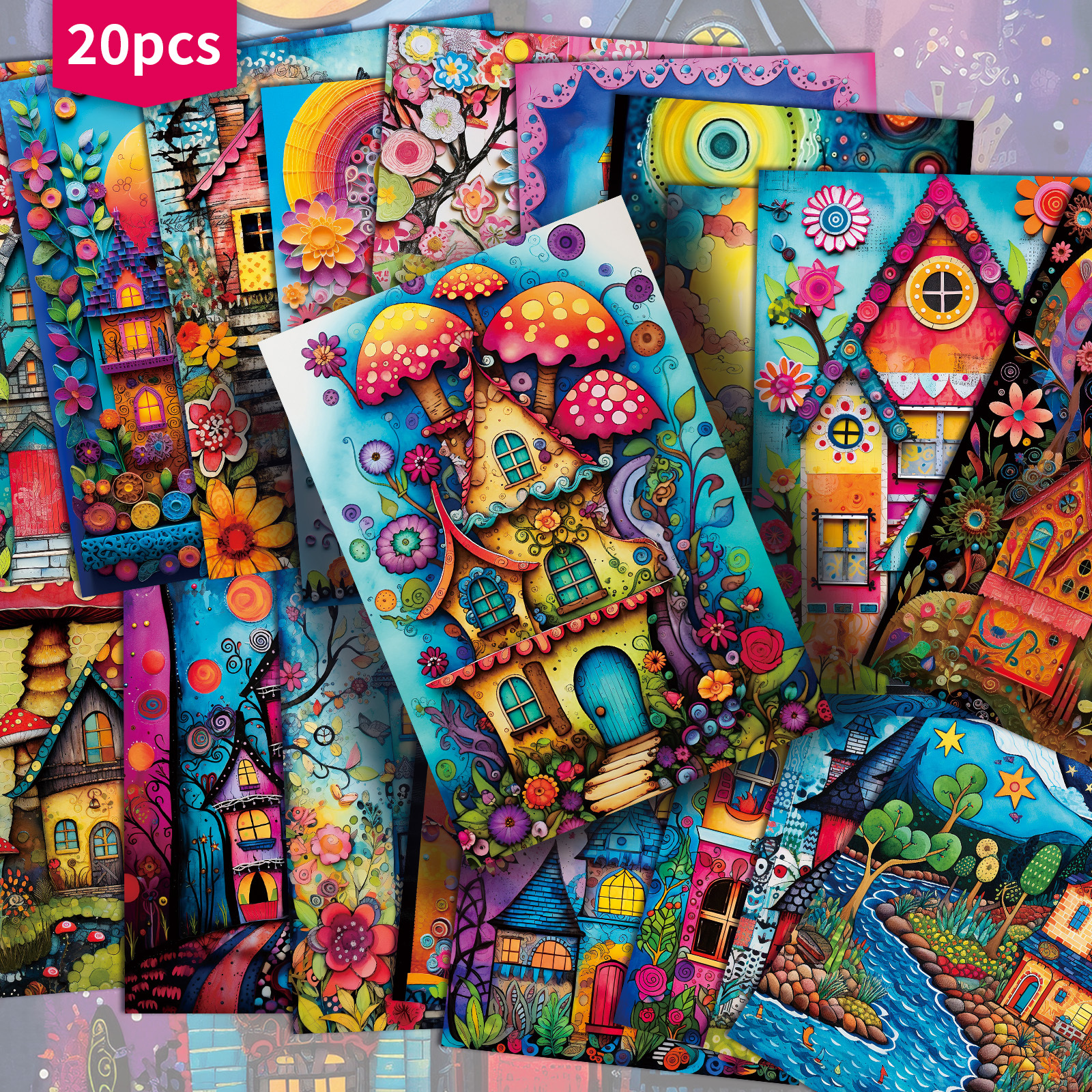 E-shop 20er-Pack Vintage bunte skurrile -Postkarten – 4x6 Zoll Junk-Journal-Papier, klassische -Illustrationen, dekorative Sammelkarten als Gemälde für