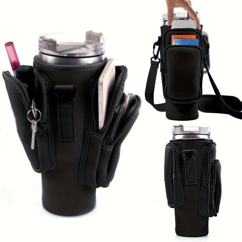 TEMU 1 pièce Sac pour bouteille d'eau gobelet en verre de 40/30 oz avec poche pour téléphone, un total de 3 poches pour les accessoires de gobelet