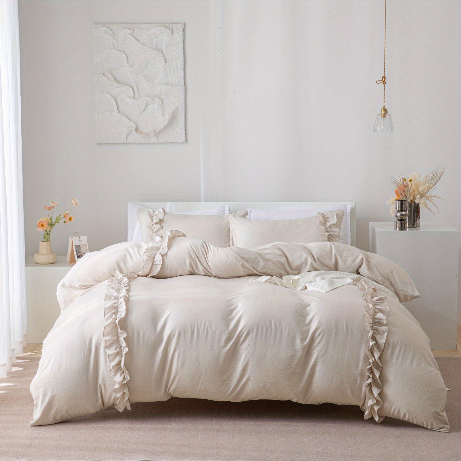 3pcs December 90g Solid Color Synthetic Polyester Beige-gray Surface Bow Duvet Cover Set, Bedding 3pcs Set, Includes 1 Duvet Cover And 2 Pillowcases, Duvet Cover Set, Style, Ten Sizes