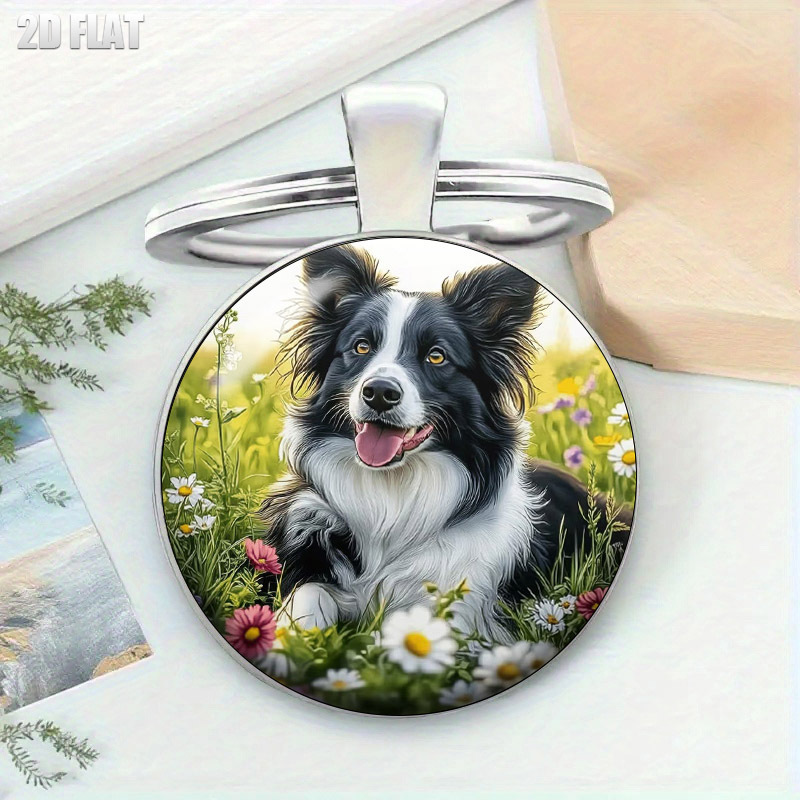 TEMU 2dflat Cute Border Collie Flower Theme Keychain, Personalized Dog Pattern Keyring, Creative Animal Lover Gift, High-quality Flat Printing