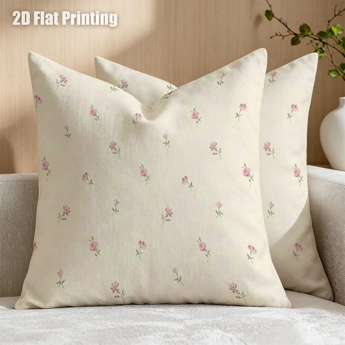 TEMU 2pcs Bohemian Suitable For Cushion Covers Champagne Watercolor Small Flower Pillowcases With Zipper Closure, Double-sided Cover For Sofa Bed