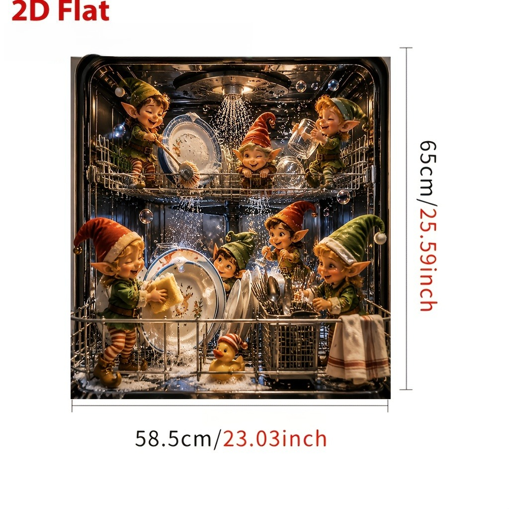 TEMU 2d Flat, 1pc Dishwasher Door Cover Sticker, Christmas Elf Dishwasher Pattern, Halloween Decoration, Scratch-resistant And Easy To Clean, 23x25.,