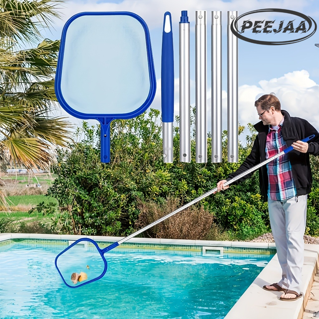 Image of Peejaa Pool Skimmer Net Kit/adjustable 5 Connecting 48 Inch Aluminium Pole/pond Nets For Cleaning/fine Mesh Leaf Skimmer Netting For Garden Pond Hot Tub Net/blue