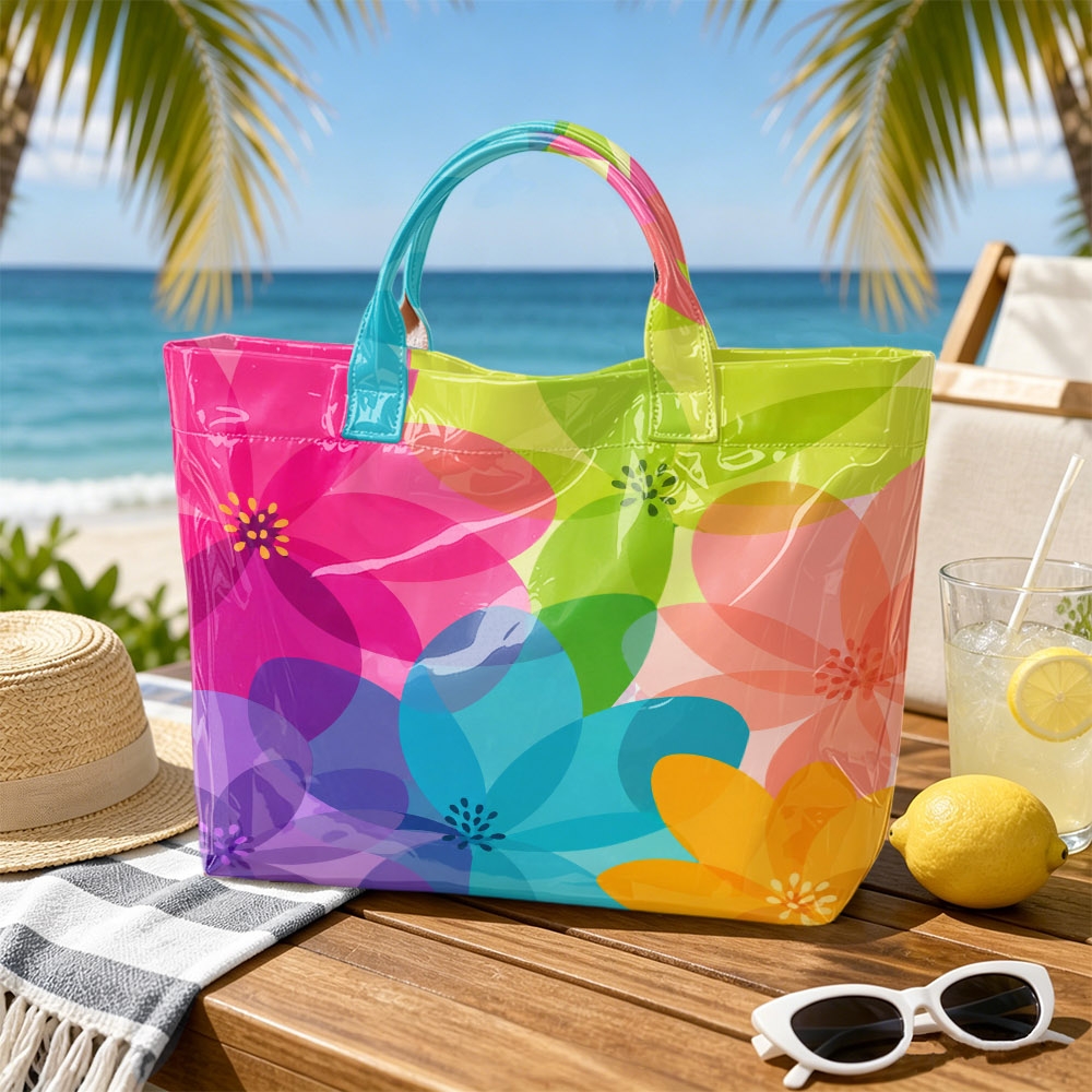 TEMU 1pc Colorful Gradient Flower Glossy Pvc Tote Bag, Art Print, Large Hand Carry Bag For Outdoor Travel , Storage For Cosmetics Books Essentials,