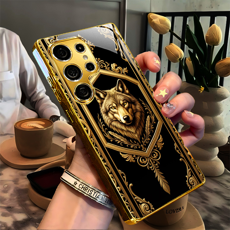 TEMU Phone Case - Black Golden Wolf Head Pattern Electroplated Case For S26/s26 Plus/s26 Ultra/s25/s25 Edge/s25 Fe/s24/s23/s22/s21/s20/s10/note