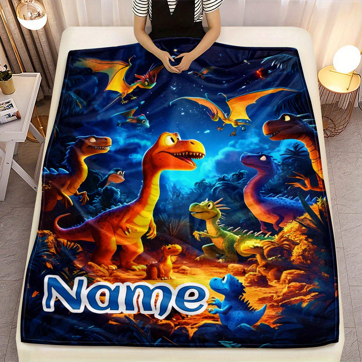 TEMU 1pc Custom Name Cute Dinosaur Family Blanket - Lightweight Flannel Throw For Sofa, Bed, Travel, Livingroom, Office, Couch And Bed - Digital